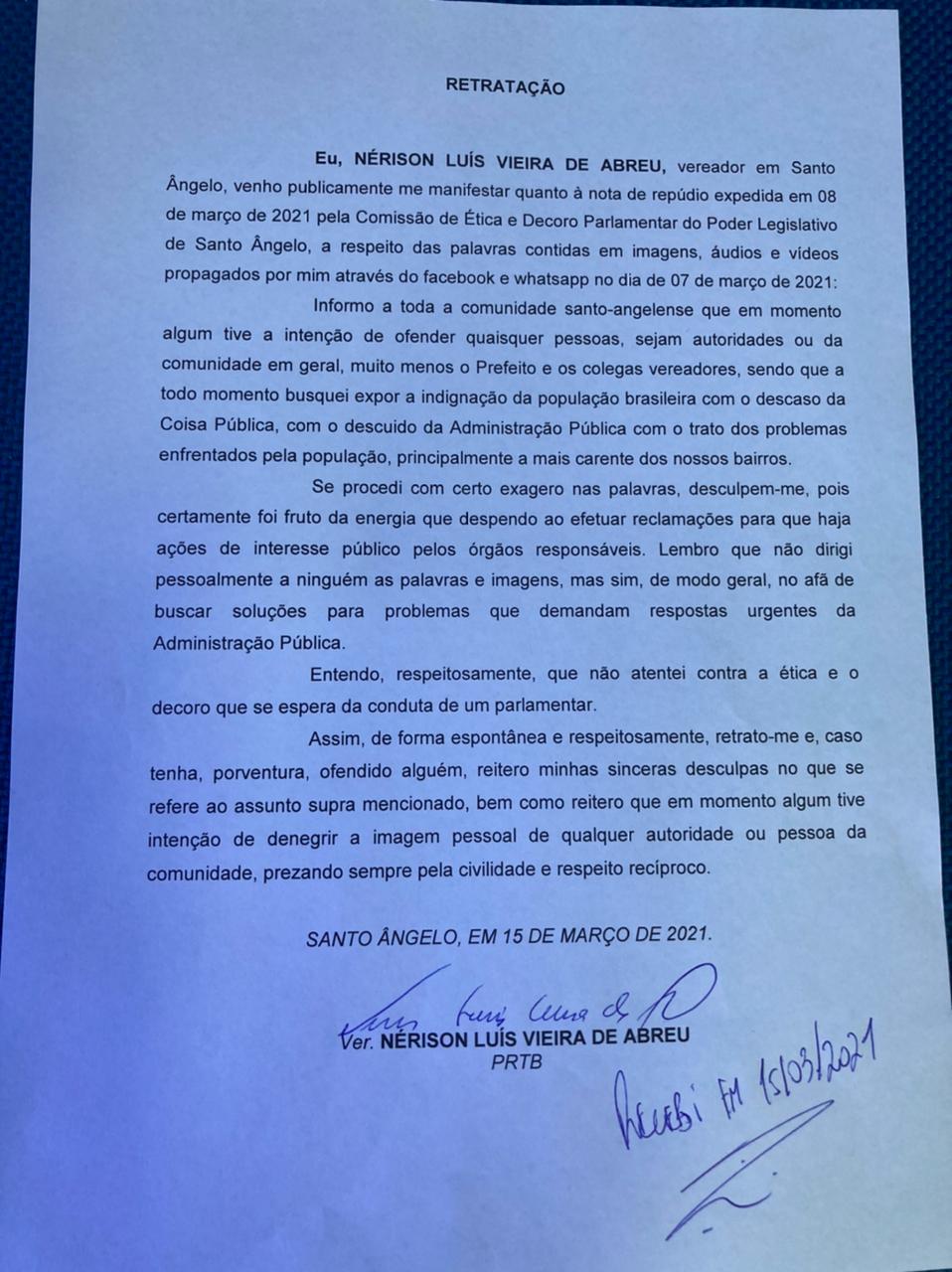 Vereador Nerison Abreu emite Retratação