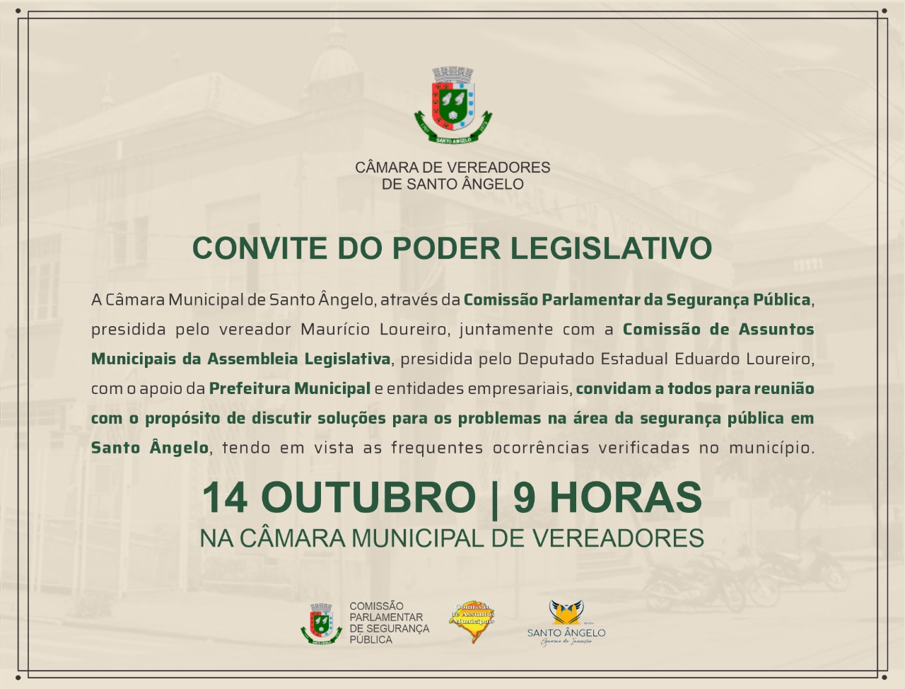 Poder Legislativo convida para reunião da Comissão Parlamentar da Segurança Pública