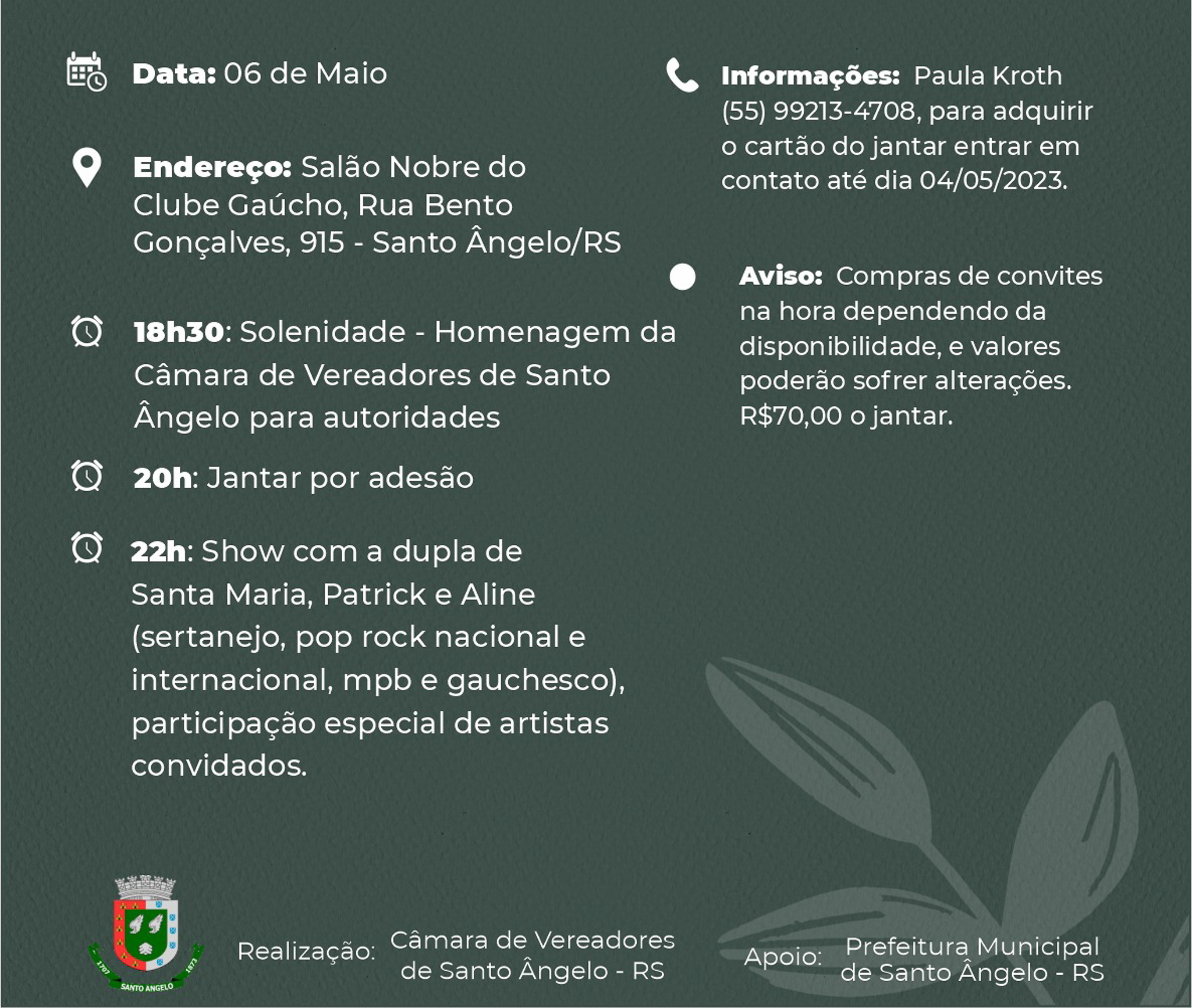 Câmara de Vereadores de Santo Ângelo tem a honra de convidar toda a comunidade para a Sessão Solene