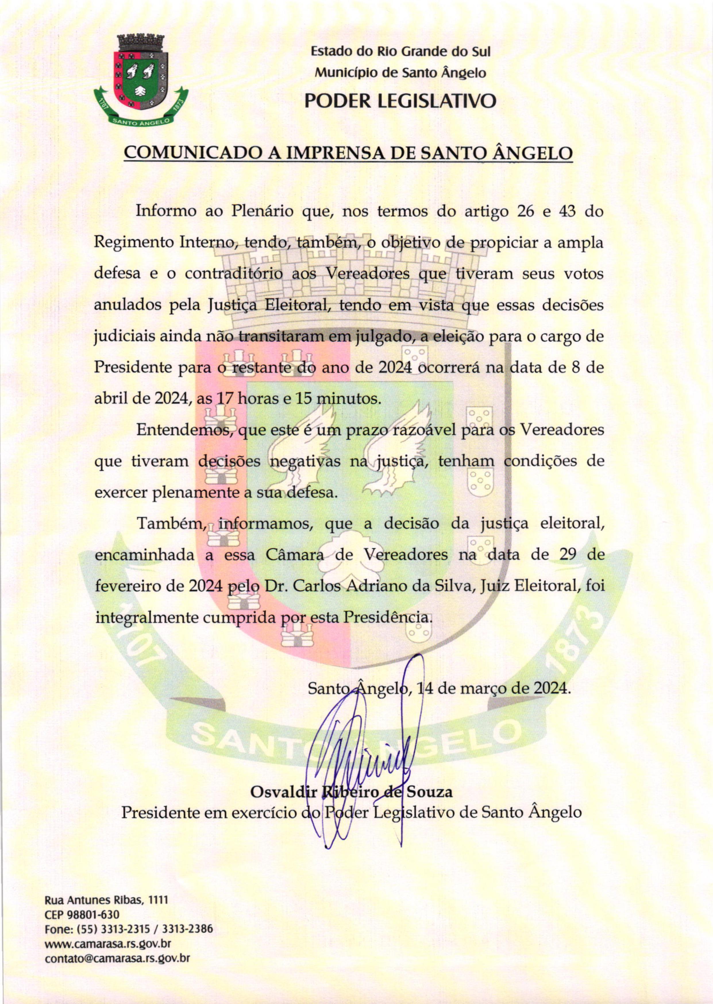 Eleição para Presidência do Legislativo ocorrerá na data de 8 de abril de 2024 