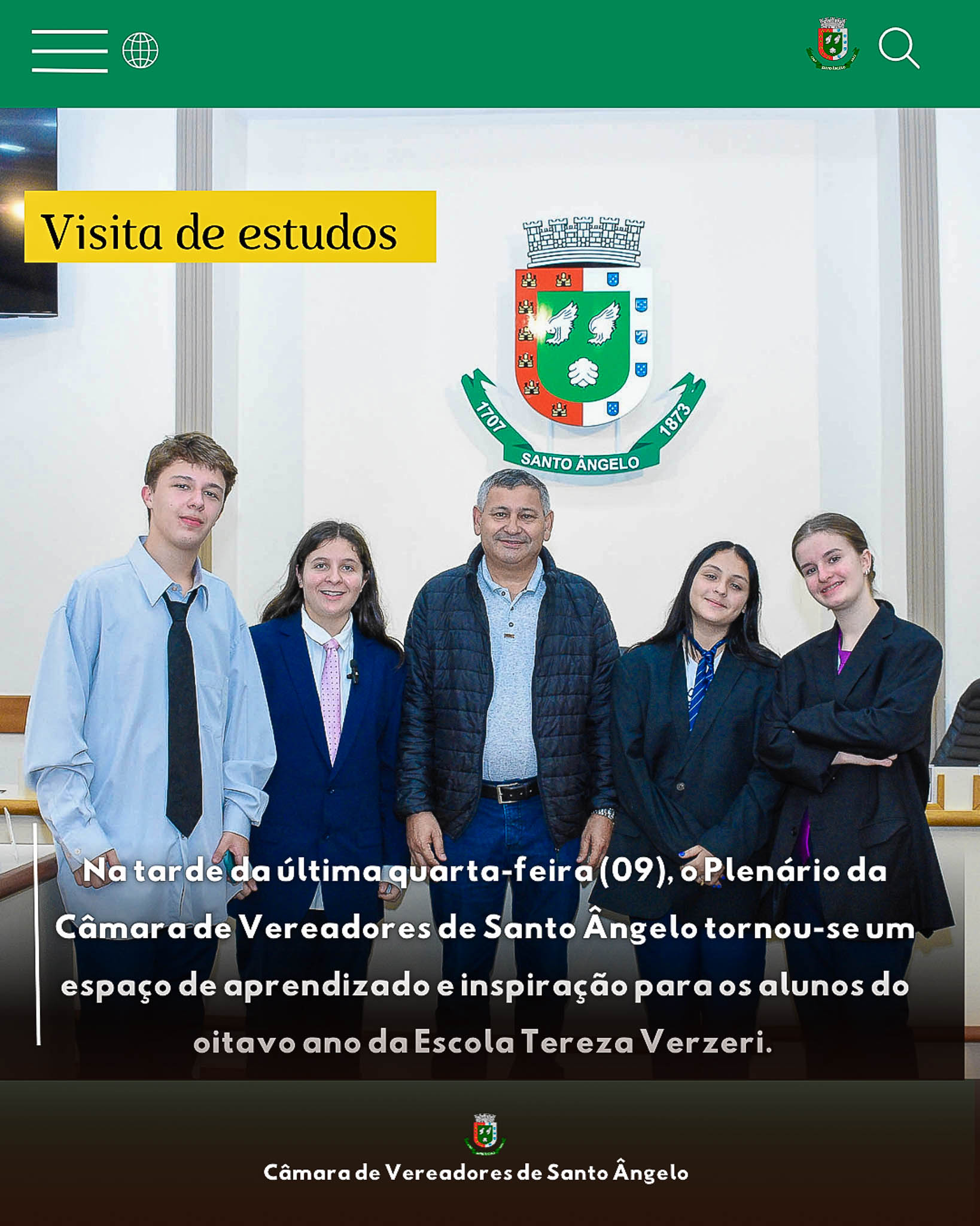 Presidente do Legislativo Nivaldo Langer de Moure- Nêne recebe alunos do oitavo ano da Escola Tereza Verzeri