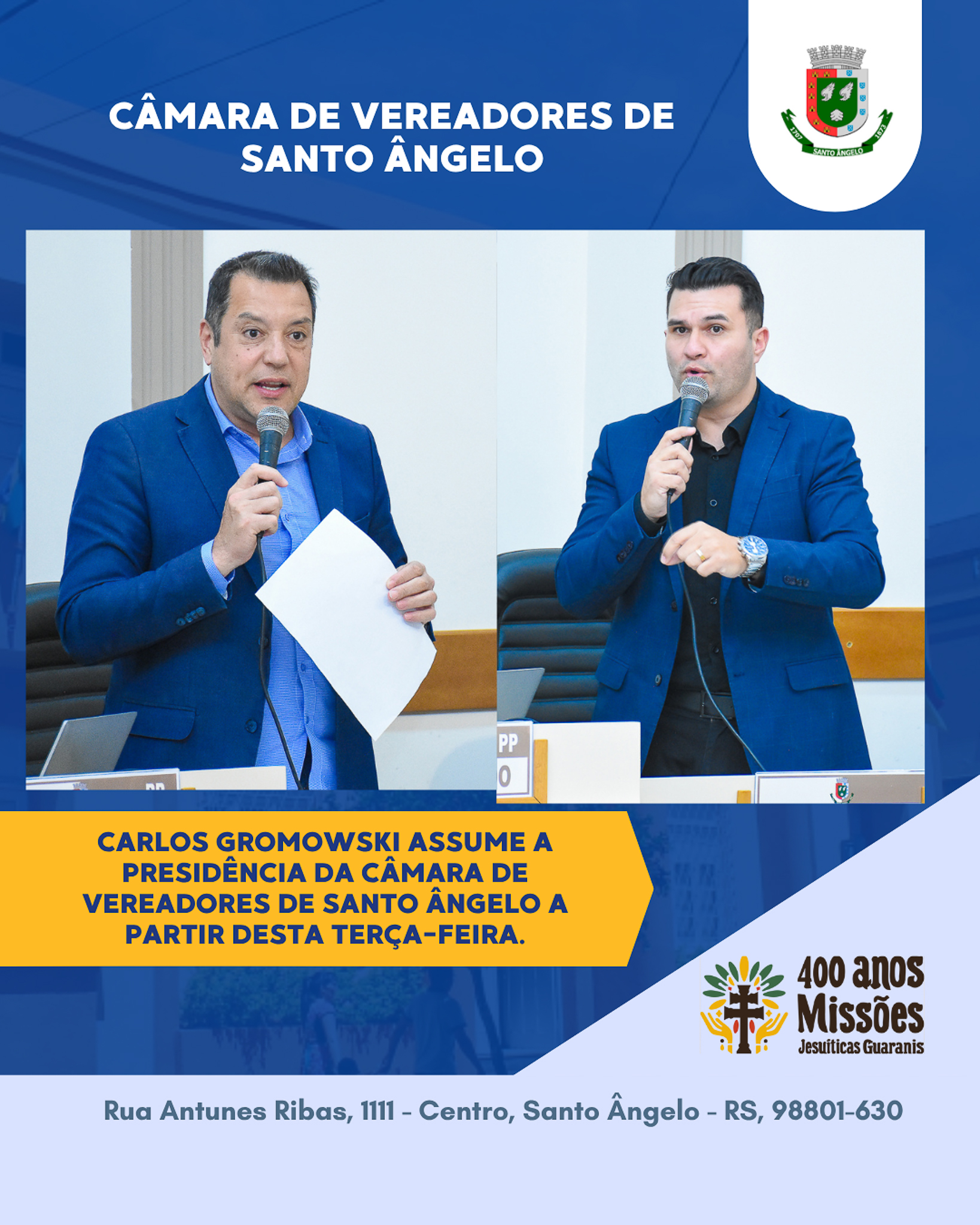 Carlos Gromowski assume a presidência da Câmara de Vereadores de Santo Ângelo a partir desta terça-feira
