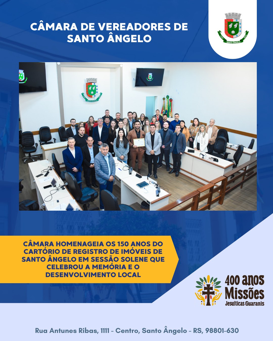Câmara de Santo Ângelo celebra os 150 anos do Cartório Registro de Imóveis em sessão solene