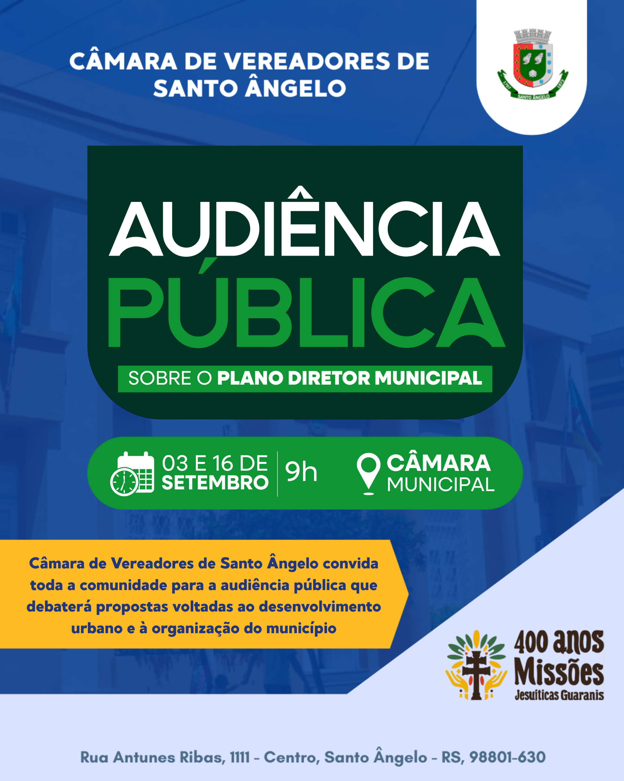 Audiência pública debaterá propostas para o desenvolvimento urbano e organização do município