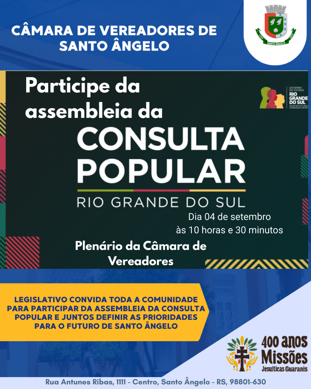 📢 Assembleia da Consulta Popular 04 de setembro às 10h30 no Plenário da Câmara