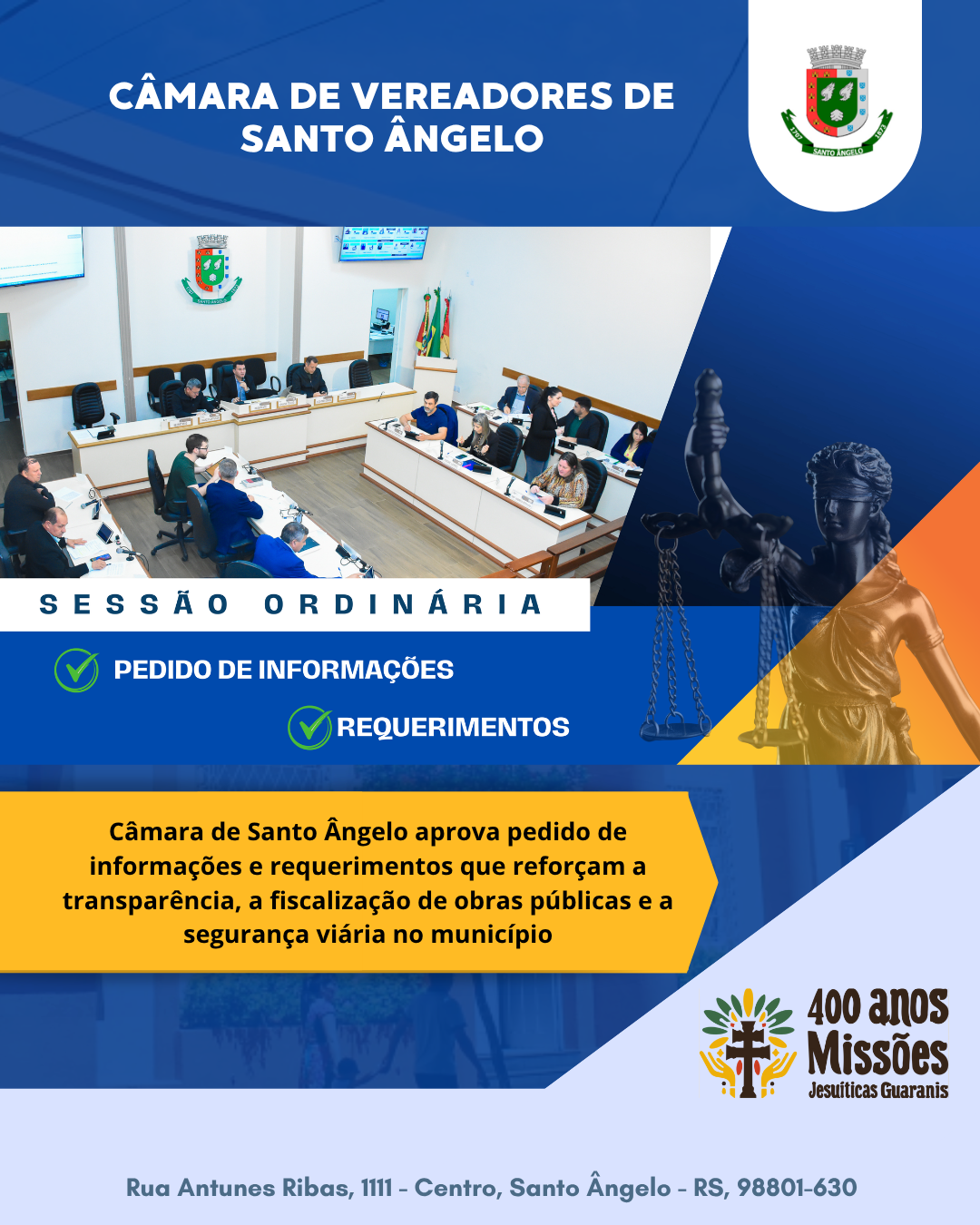 Câmara aprova ações que fortalecem fiscalização transparência administrativa e segurança viária em Santo Ângelo