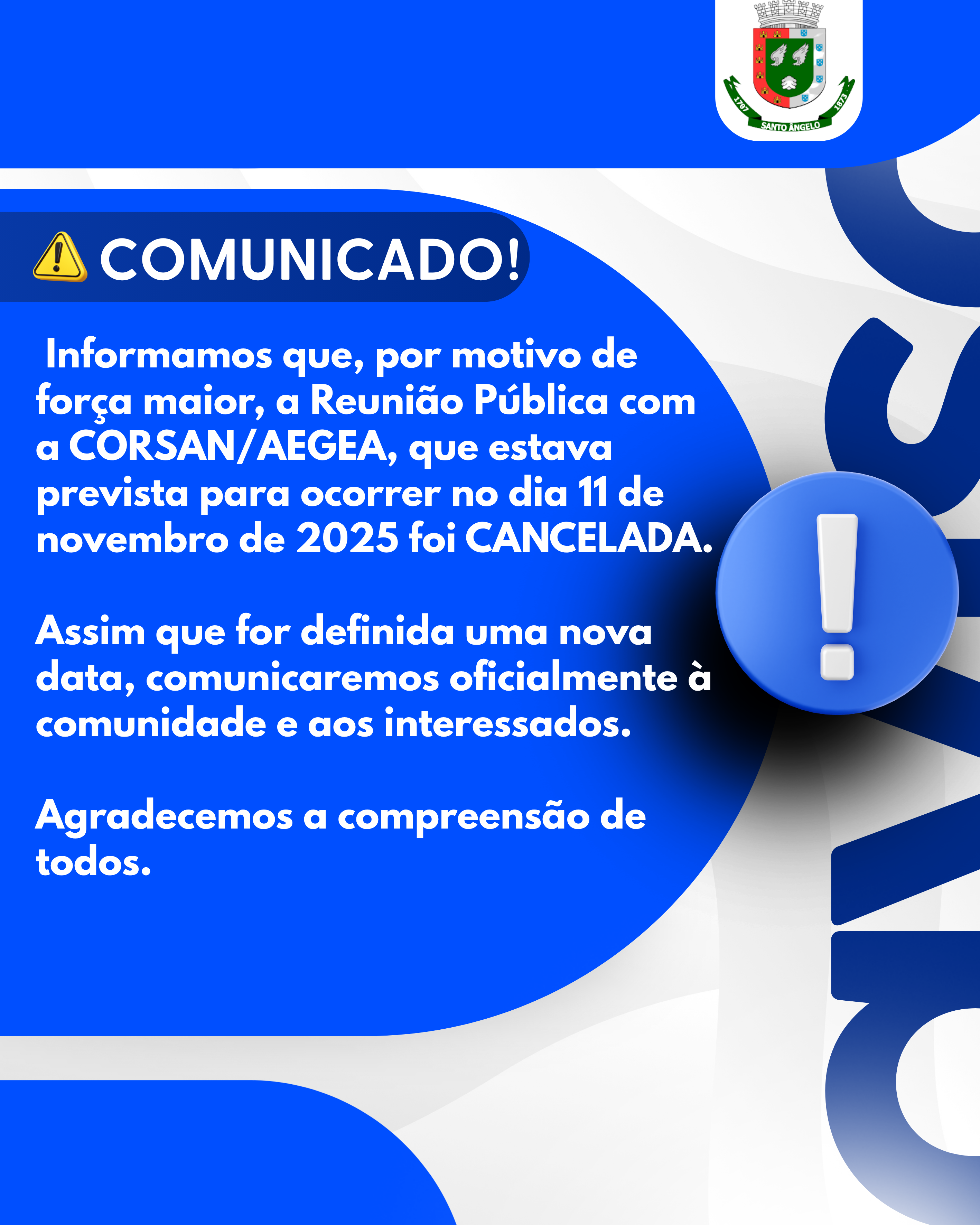 Reunião com a CORSAN/AEGEA é cancelada nova data será informada