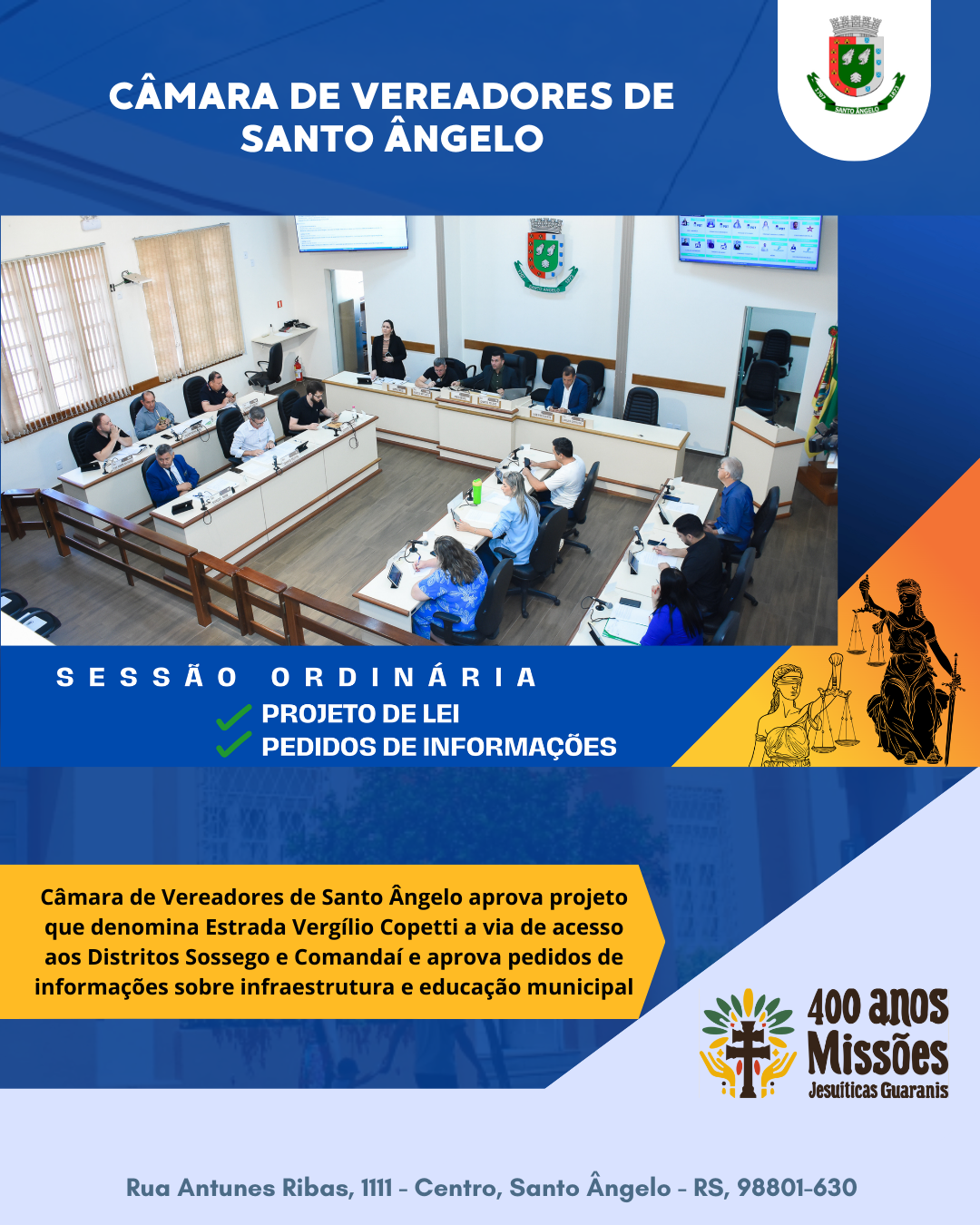 Legislativo denomina Estrada Vergílio Copetti aos Distritos Sossego e Comandaí e delibera sobre infraestrutura e educação municipal