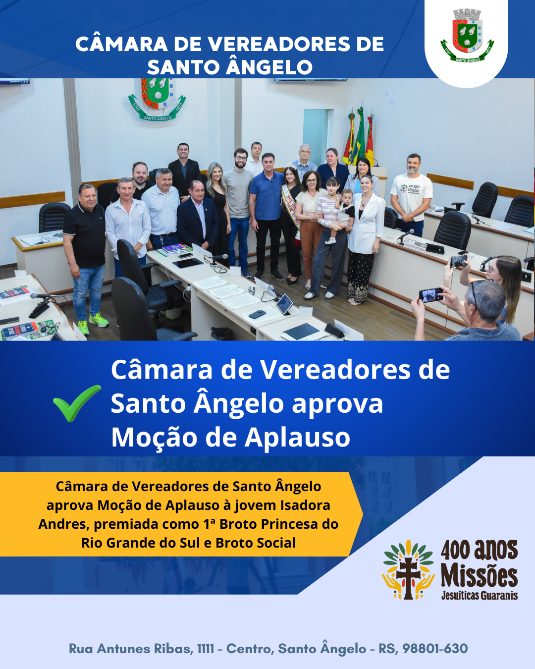 Câmara de Vereadores de Santo Ângelo reconhece Isadora Andres com Moção de Aplauso por conquistas estaduais
