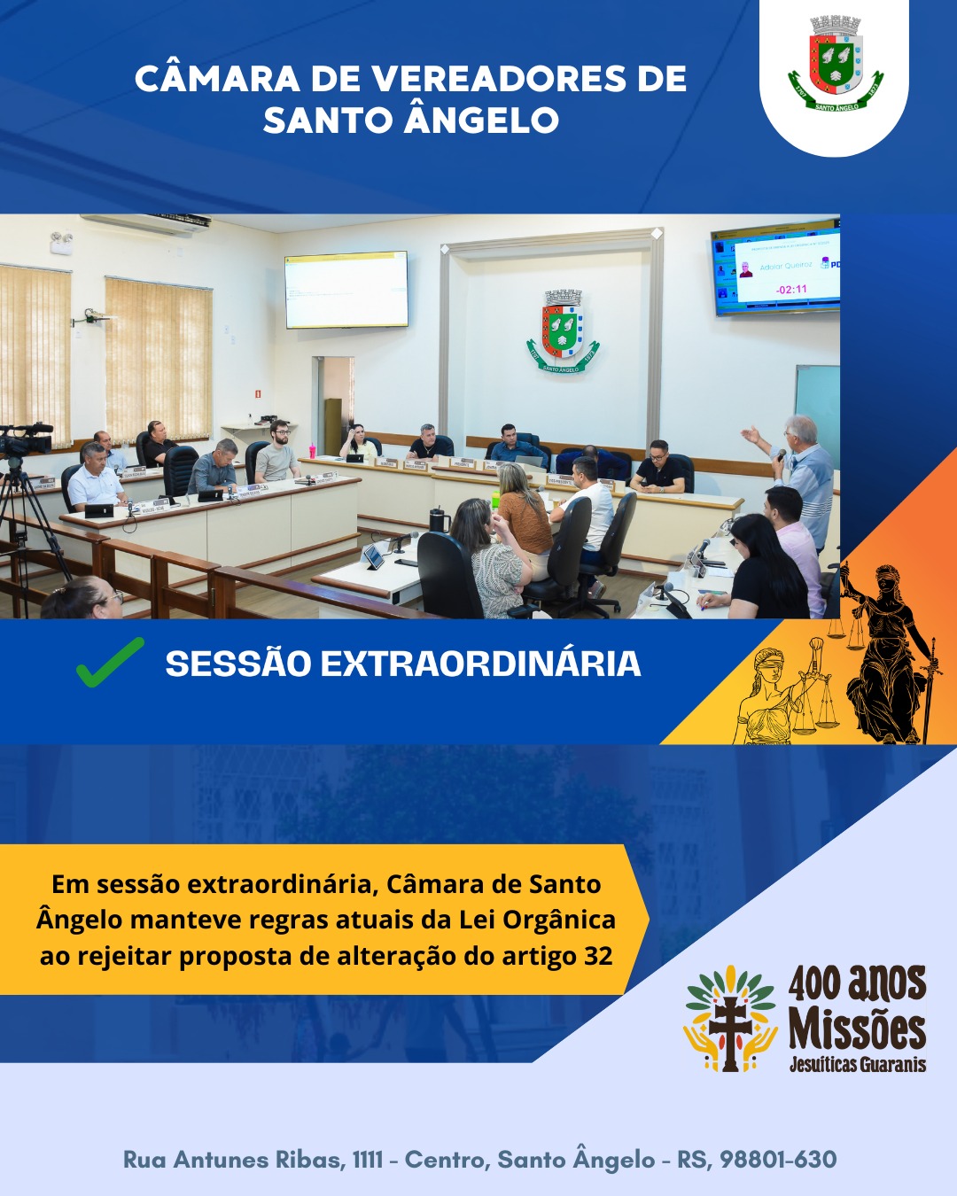 Sessão extraordinária da Câmara de Santo Ângelo rejeita proposta de alteração da Lei Orgânica Municipal
