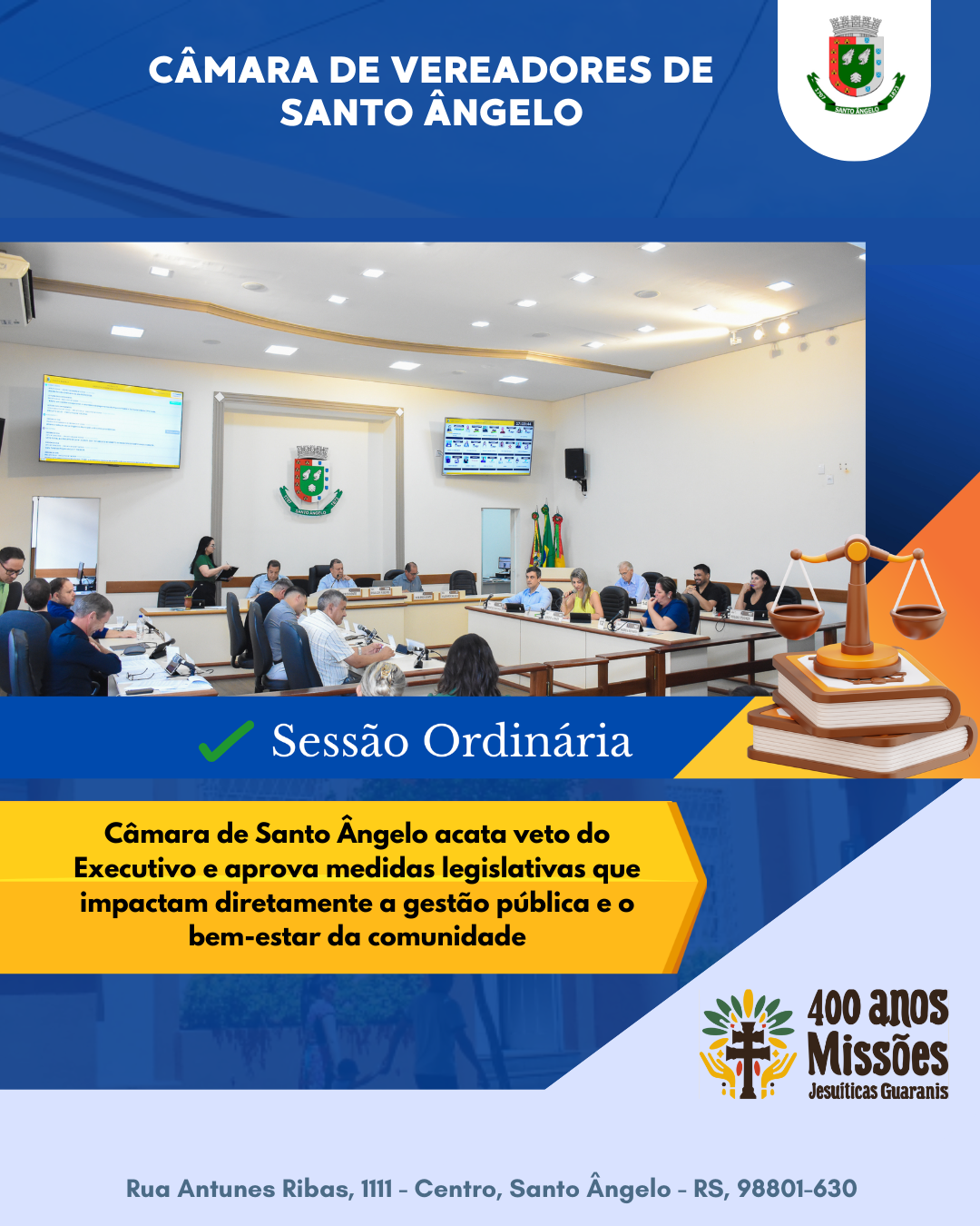 Câmara de Santo Ângelo acata veto e aprova projetos de relevância comunitária