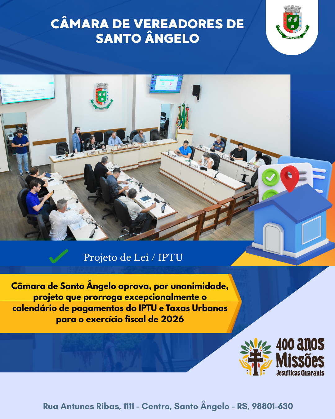 Câmara aprova prorrogação excepcional do calendário do IPTU 2026