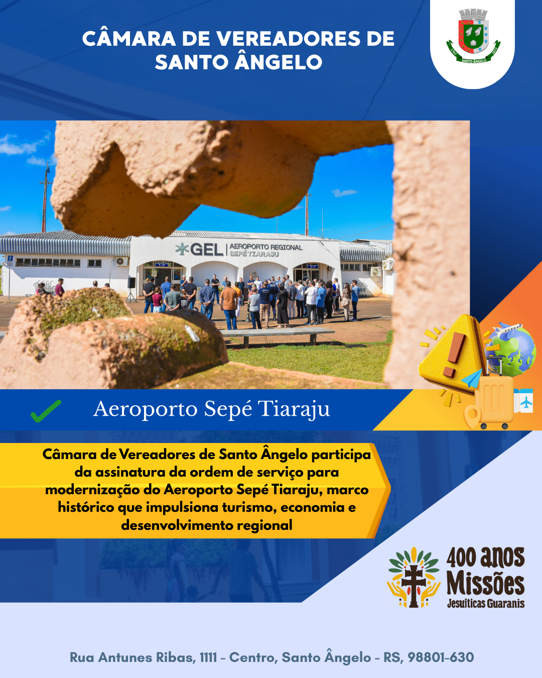 Câmara de Vereadores de Santo Ângelo acompanha ordem de serviço para modernização do Aeroporto Sepé Tiaraju
