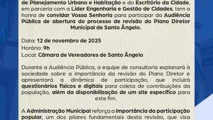  Executivo convida para Audi&ecirc;ncia P&uacute;blica sobre Plano Diretor