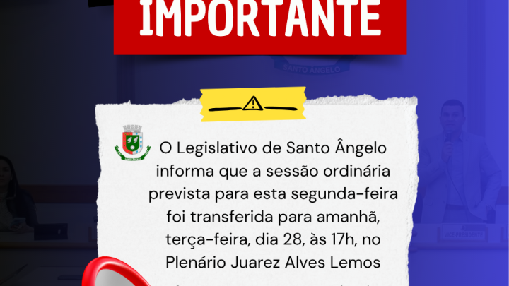 Em virtude do feriado do servidor p&uacute;blico sess&atilde;o ordin&aacute;ria ser&aacute; realizada ter&ccedil;a-feira 28 &agrave;s 17h no Plen&aacute;rio Municipal