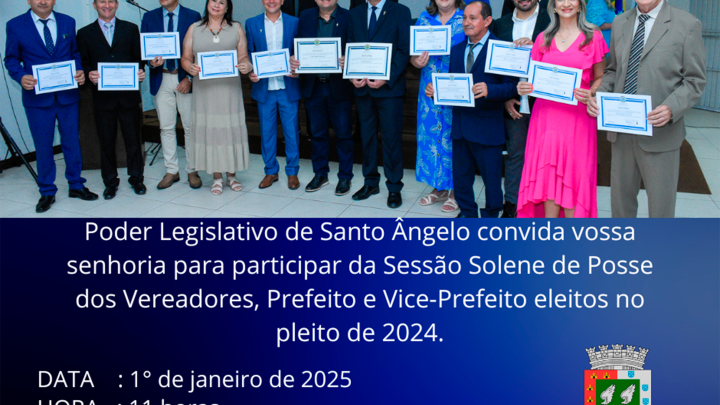 Sess&atilde;o solene de posse dos eleitos  ocorrer&aacute; no audit&oacute;rio da Tecno Uri pr&eacute;dio 28 no dia 1&ordm; de janeiro de 2025 &agrave;s 11:00 horas