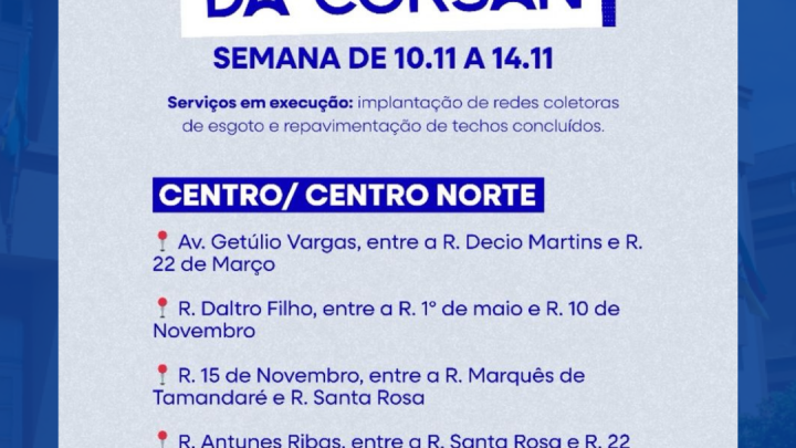 Confira os locais onde a AEGEA/CORSAN realiza obras de saneamento e pavimenta&ccedil;&atilde;o nesta semana